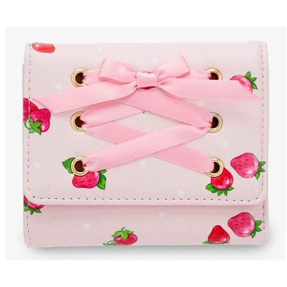 Strawberry Shortcake Strawberries, Pink‎ Bows Lace Up WALLET NWT!